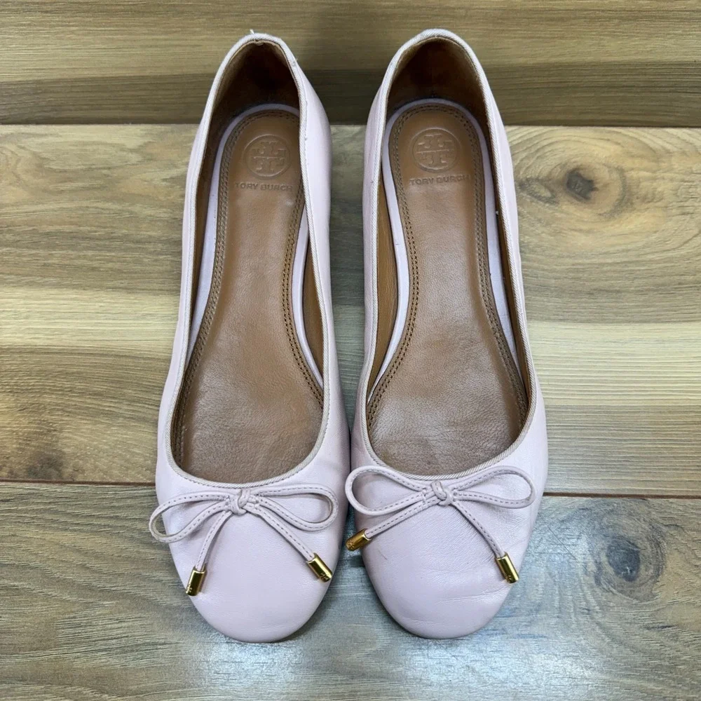 Tory Burch Bow Low Heeled Pumps 8 M Light Pink Soft Leather Chic Office Casual